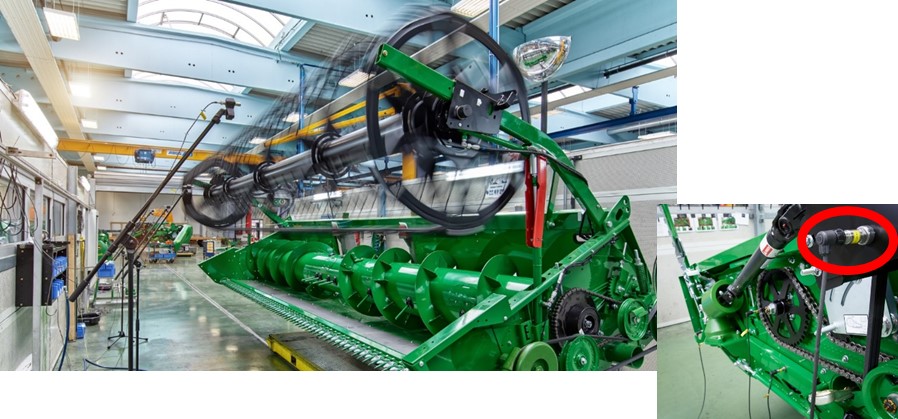 The sensor system inspects the rotating cutting unit of a combine harvester for defective vibrations or noises by means of structure-borne sound sensors (detailed view of the sensor see right image) and microphones. Image in print quality see: www.izfp.fraunhofer.de/de/Presse/pressefotos.html The sensor system inspects the rotating cutting unit of a combine harvester for defective vibrations or noises by means of structure-borne sound sensors (detailed view of the sensor see right image) and microphones. Image in print quality see: www.izfp.fraunhofer.de/de/Presse/pressefotos.html